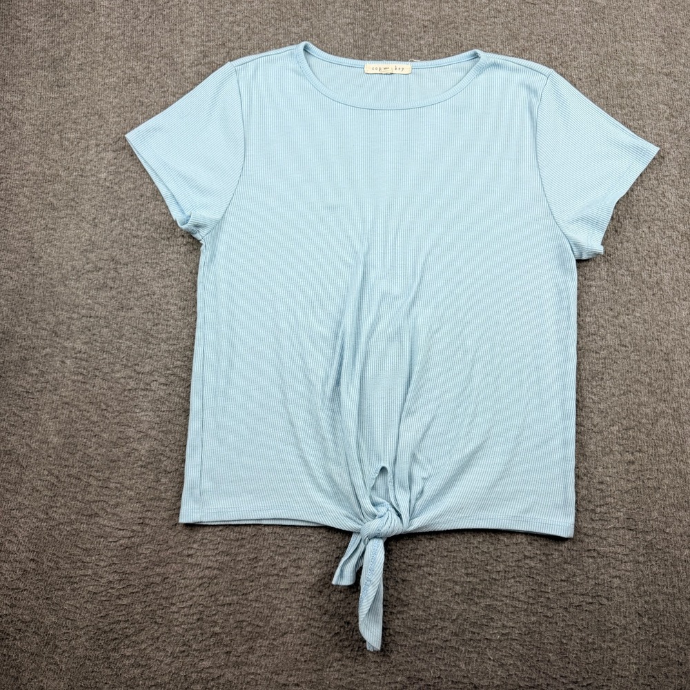 Copper Key Light Blue Women's S Ribbed Tie Front Short Sleeve Top KTP110657-D